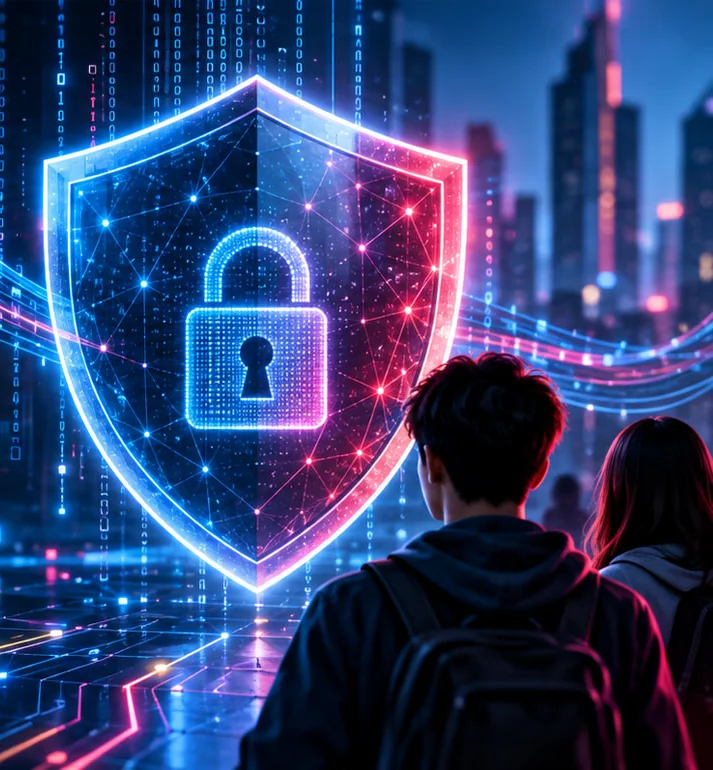 Cybersecurity shield above a city skyline